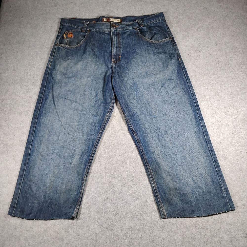 Mecca USA Baggy Jeans Men 42x25 Blue Denim Y2K Hip Hop Skater Embroidered Cut